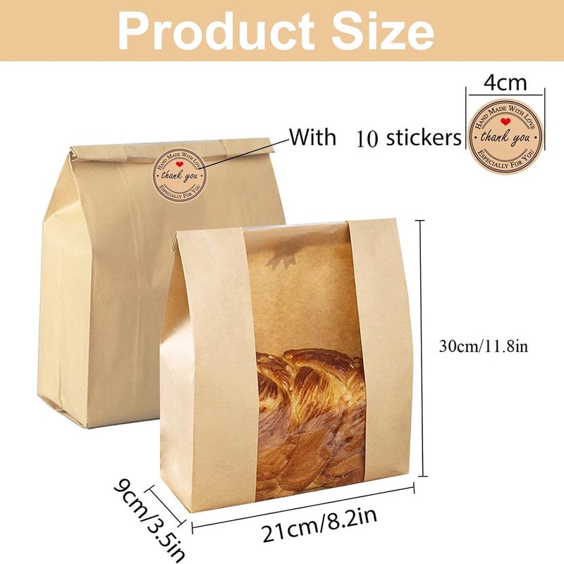 UDAREIT 10 Pack Large Paper Bread Bags for Homemade Sourdough Loaves Bread Bags with Window for Homemade Bread Gift Giving, Sourdough Bread Packaging Storage with Label Seal Stickers(13.7x8.2x3.5 inch) - Image 2